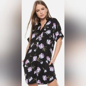 Vans XS paradise floral button down shirt dress black Hawaiian tropical flowers